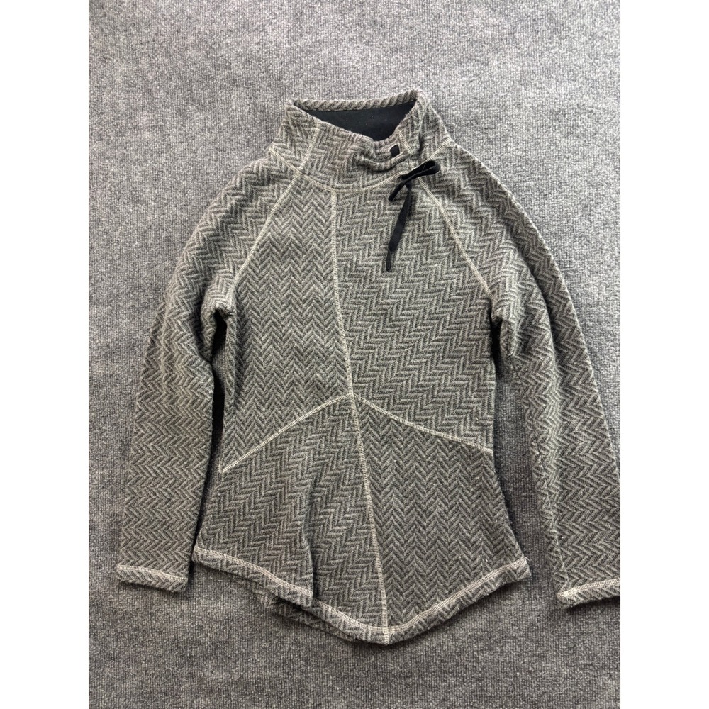 Prana Mattea Sweater Women Small Grey Herringbone Wool Blend Asymmetric Neck